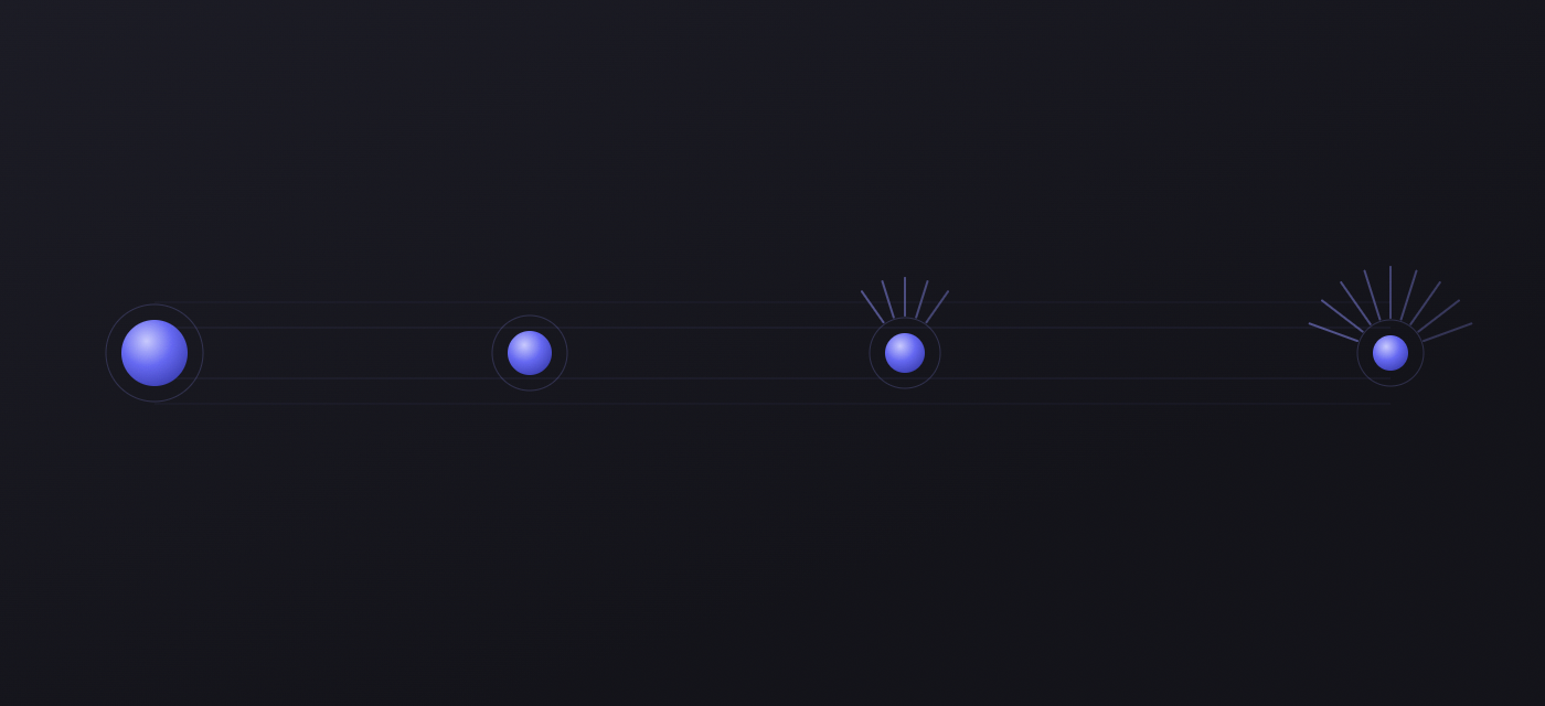 Four connected nodes fanning out into a wider signal at the delivery stage